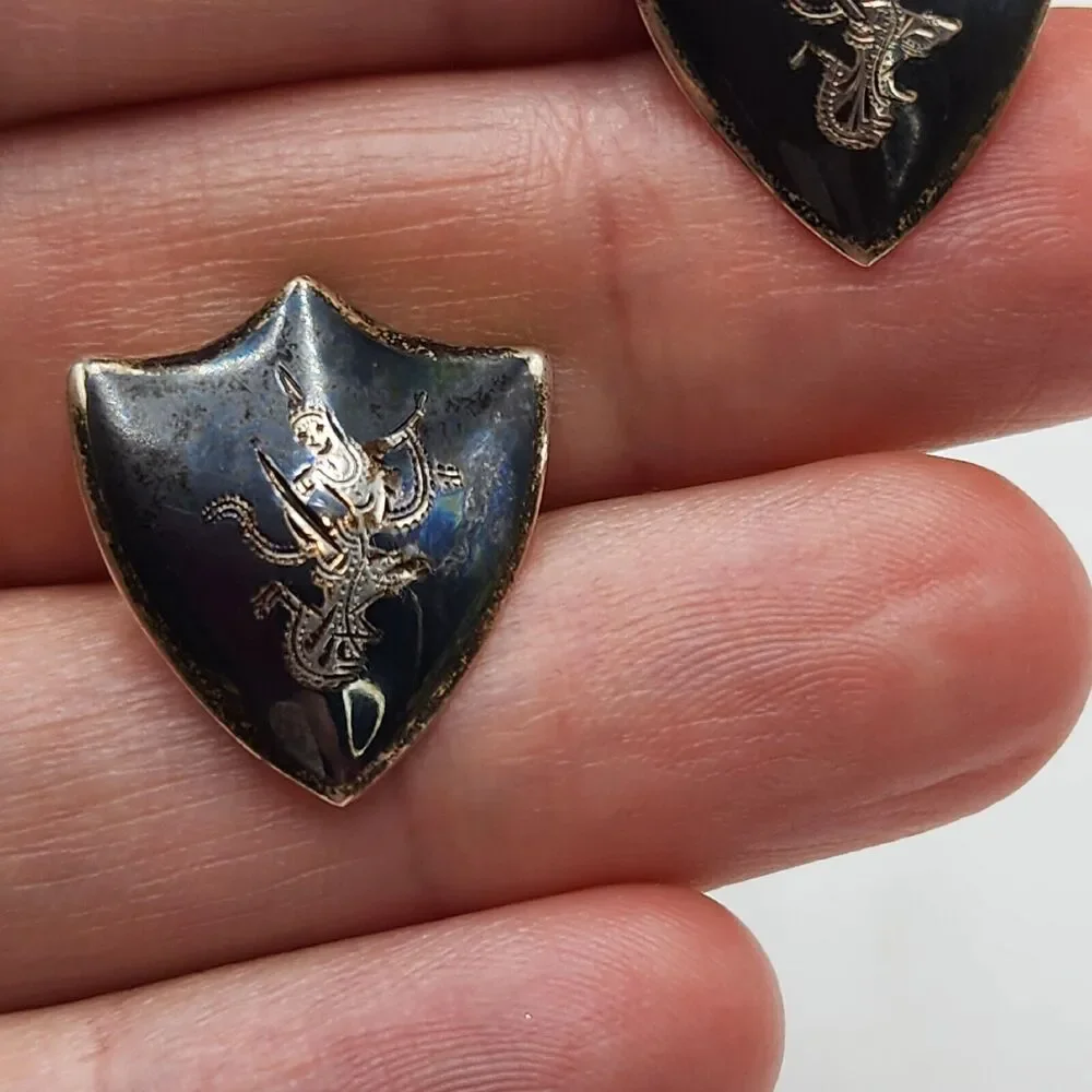 Vintage Siam Sterling Silver Niello Dancer In Shield Cufflinks